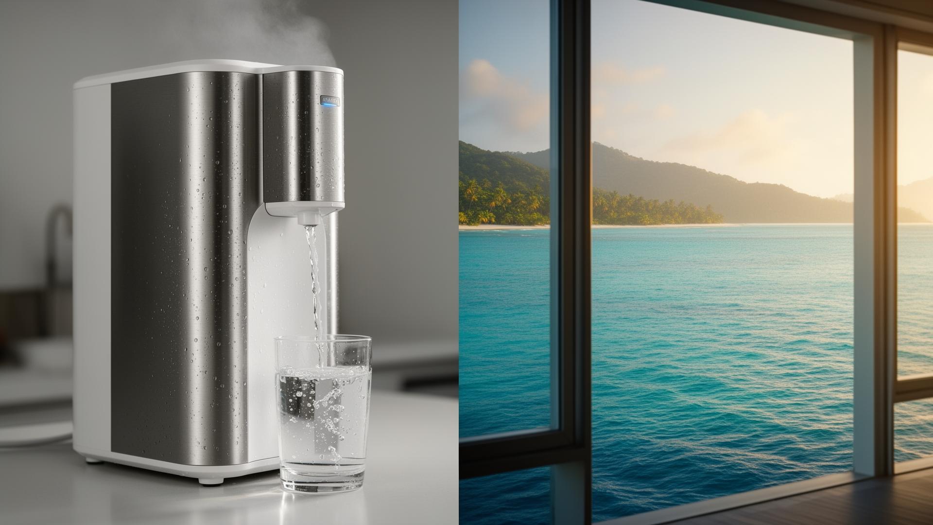 Equipo de generación de agua atmosférica AquaPlus llenando un vaso de agua, con vista al Caribe